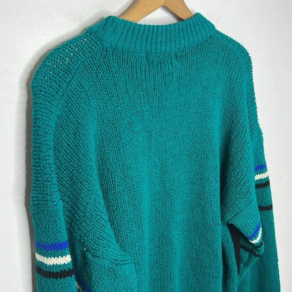 Vintage 90s Oakton Aztec All Over Print Grandpa Aesthetic Teal Knit Sweater - Picture 5 of 8